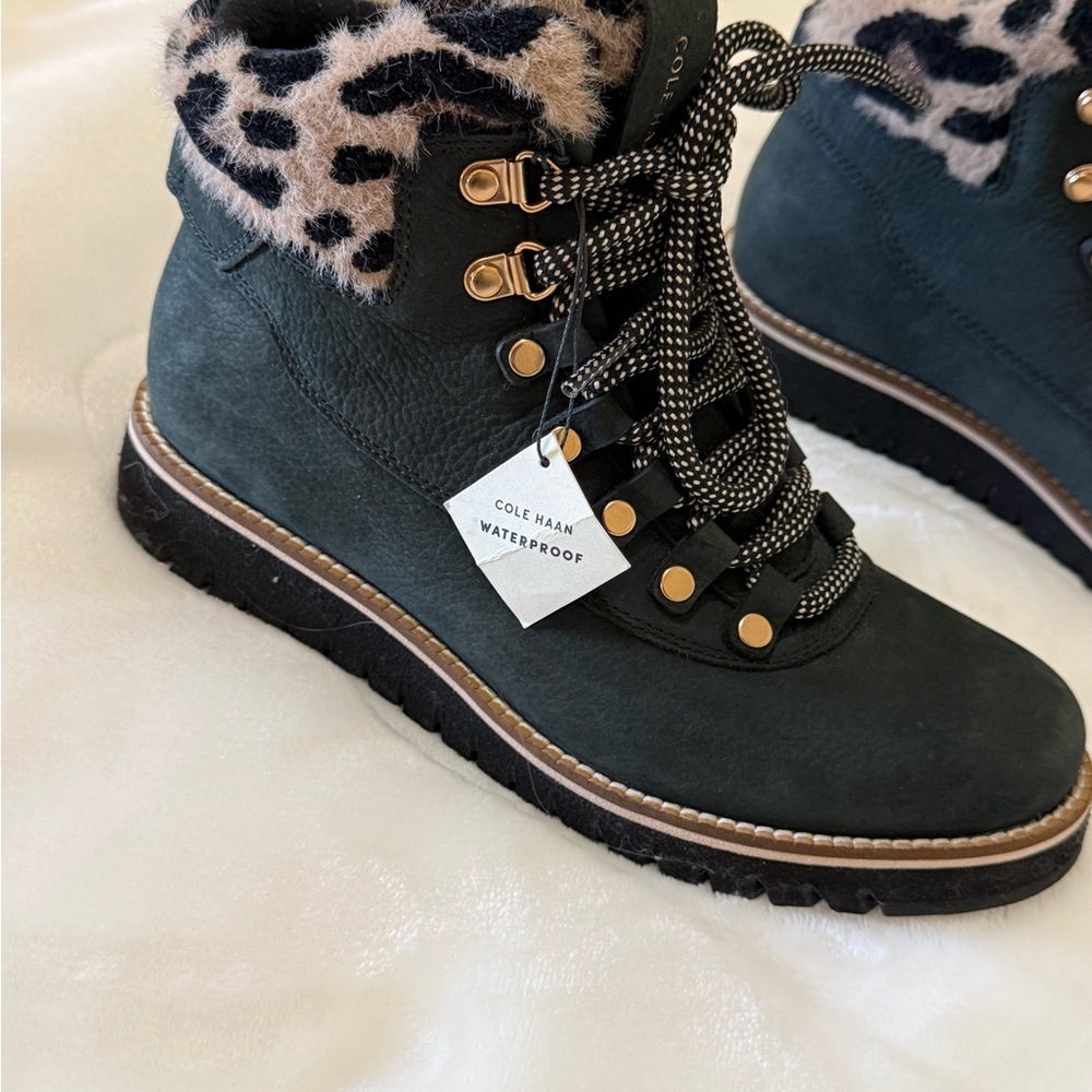 🆕 Cole Haan waterproof Women's Black and Leopard Print Boots - Picture 2 of 6